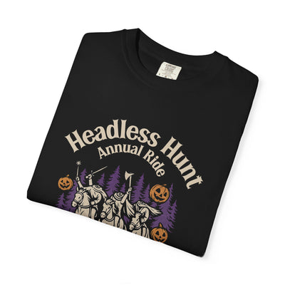 Black t-shirt with 'Headless Annual Hunt' graphic design on a white background