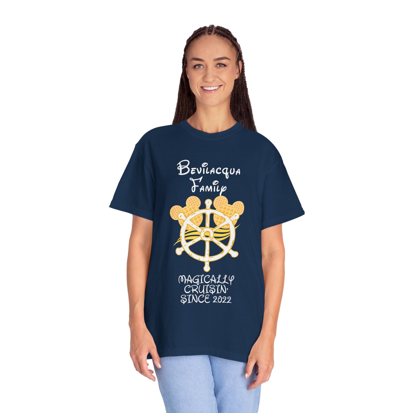 Person wearing a navy blue t-shirt with a design and text on a white background