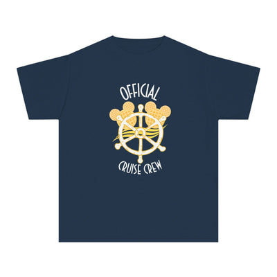 Navy blue t-shirt with a yellow ship's wheel graphic and text on a white background