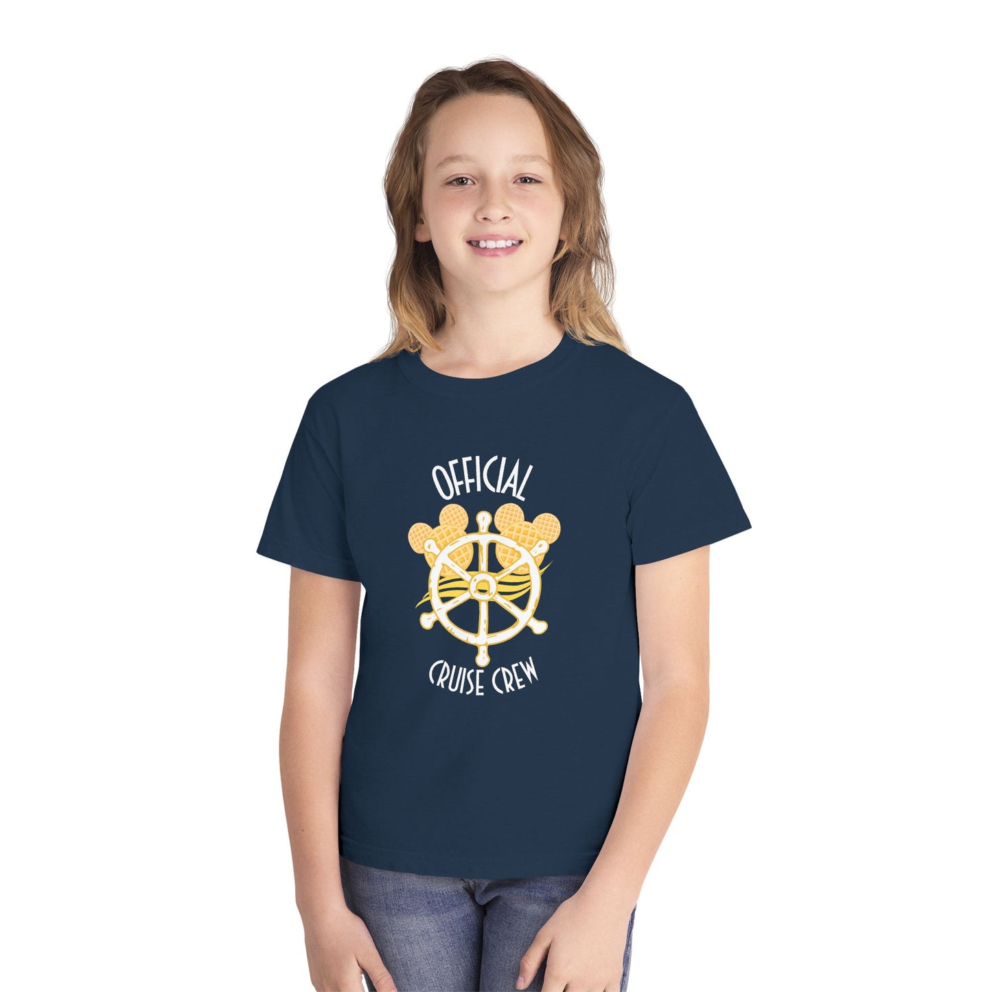 Child wearing a navy blue t-shirt with a yellow ship wheel design and text on a white background