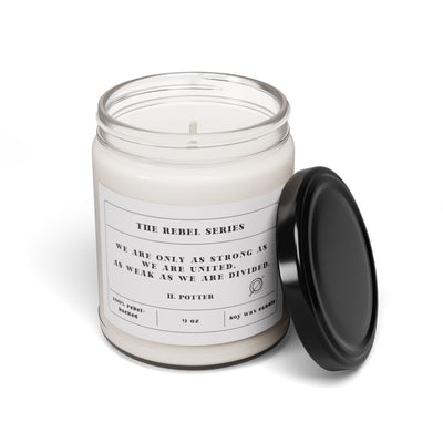 Candle jar with a label and black lid on a white background
