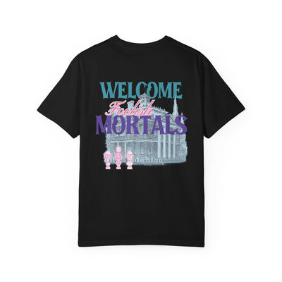 Black t-shirt with 'Welcome Fatalish Mortals' text and graphic on a white background