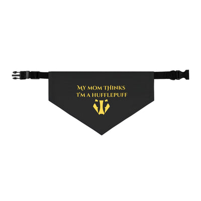 Black bandana with yellow text and Hufflepuff emblem on a white background