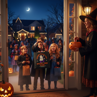 Halloween scene with children in costumes using a harry potter themed candy tote bag