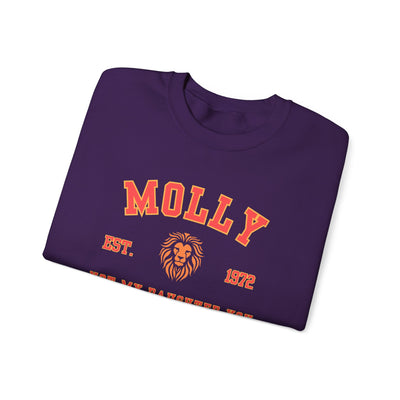 Folded purple sweatshirt with 'MOLLY' and lion emblem on a white background