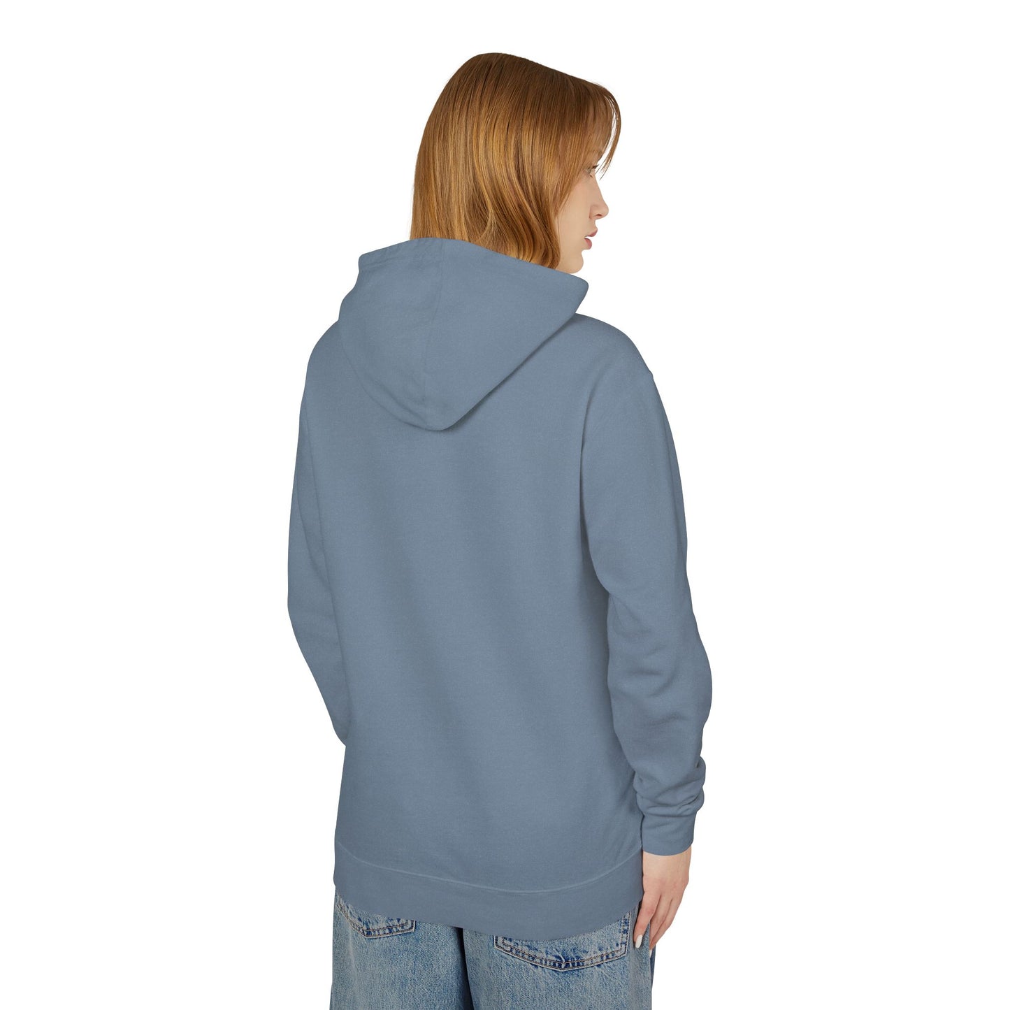 Person wearing a blue hoodie on a white background