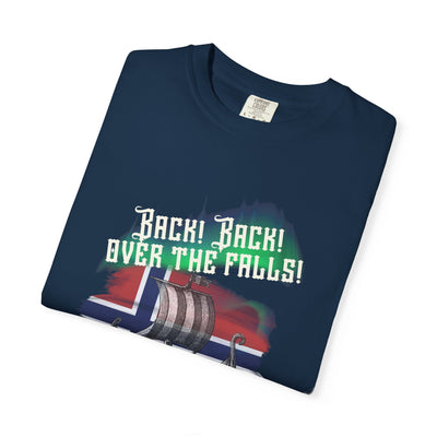 Folded navy blue t-shirt with graphic design and text on a white background