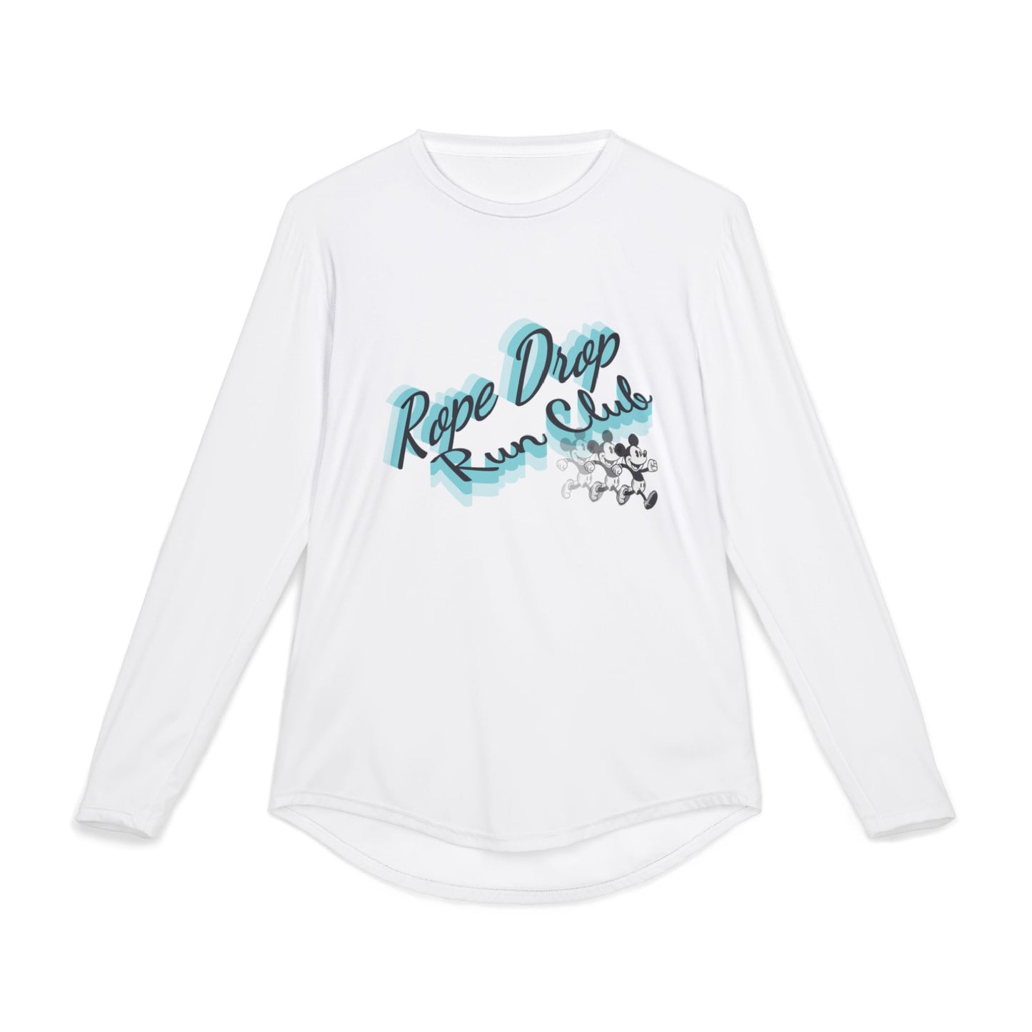 White long-sleeve shirt with 'Rope Drop Run Club' text and graphic on a white background
