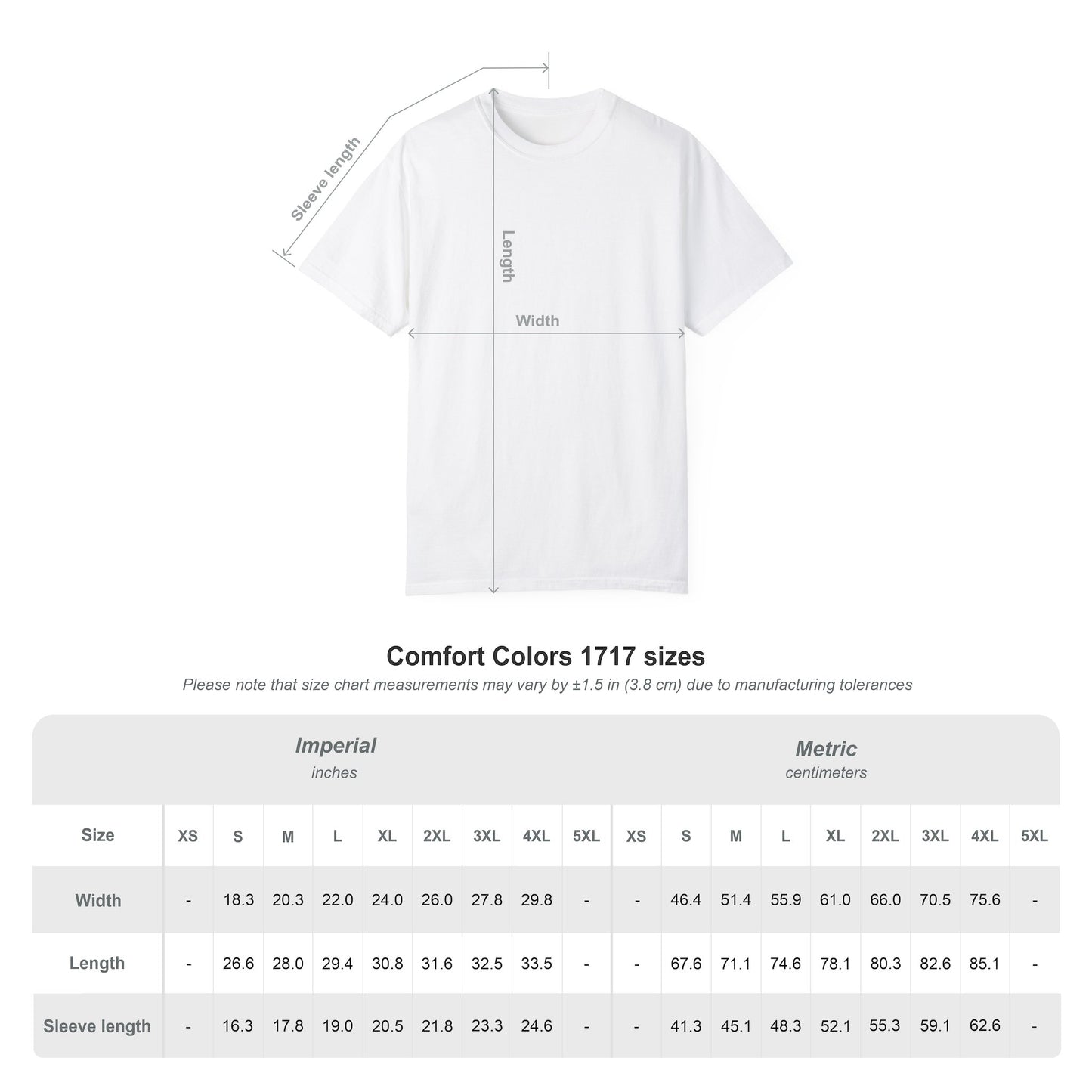 White t-shirt with measurement chart on a white background comfort colors