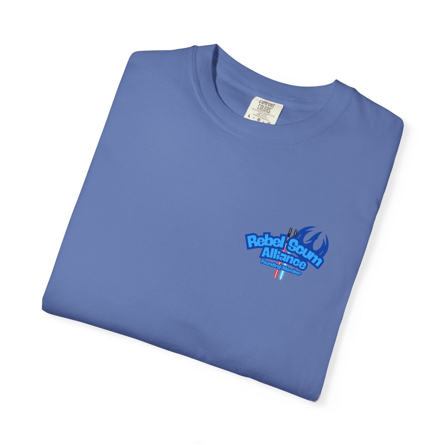 Folded blue t-shirt with a logo on a white background