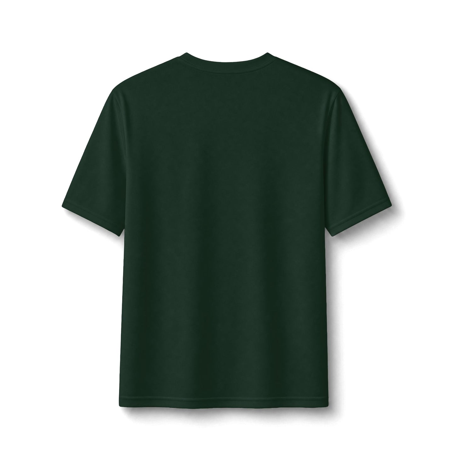 A dark forest green short-sleeve crewneck t-shirt shown from the back, isolated on a white background with a soft drop shadow.