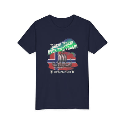 Navy blue t-shirt with colorful graphic design on a white background