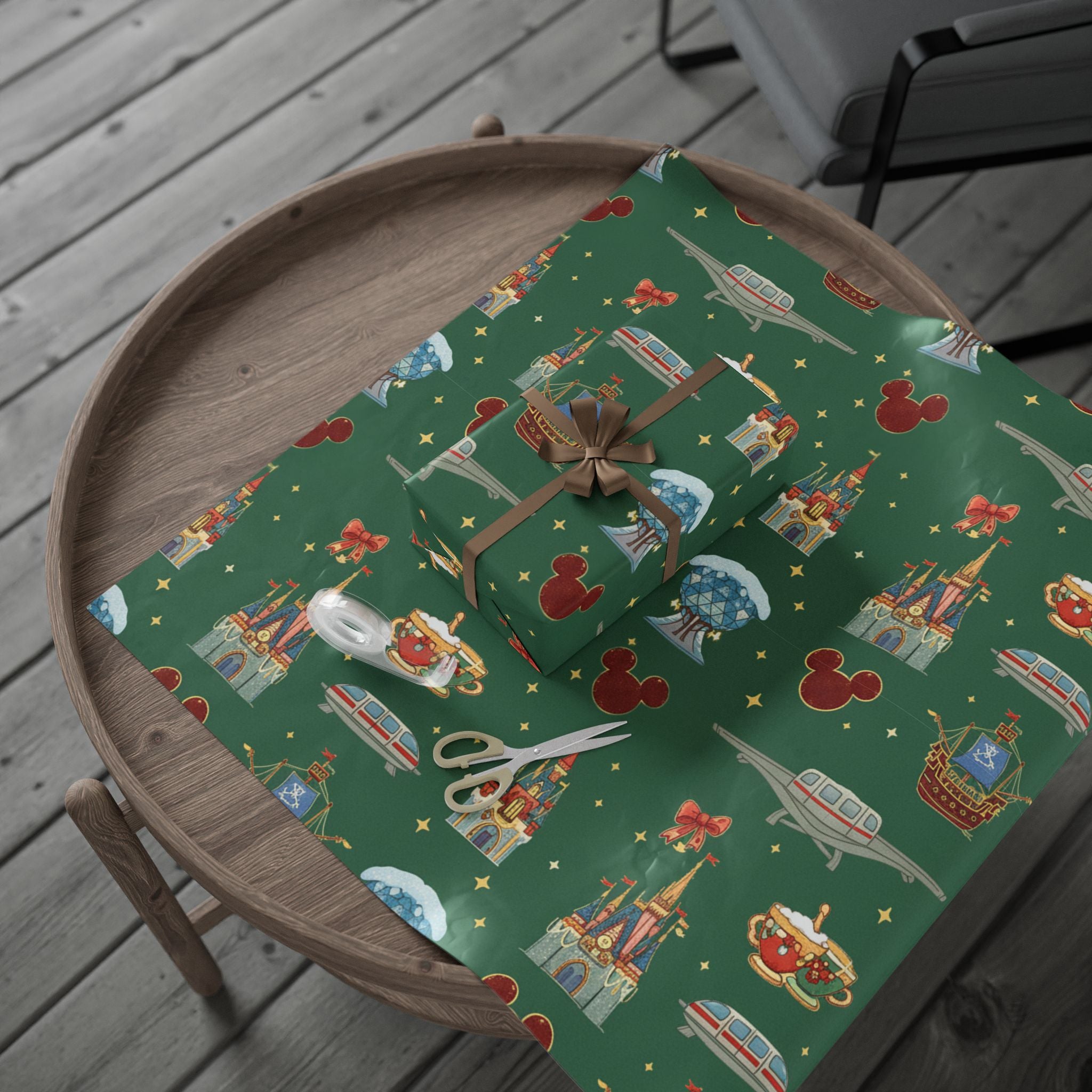 Disney Park Icons Green Holiday Wrapping Paper