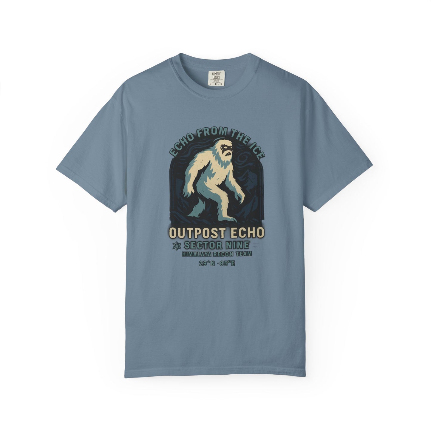 Blue t-shirt with a Bigfoot graphic and text on a white background