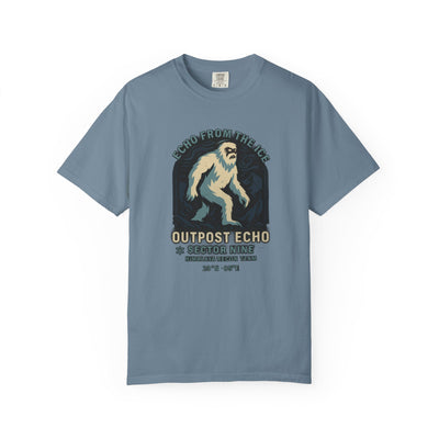Blue t-shirt with a Bigfoot graphic and text on a white background