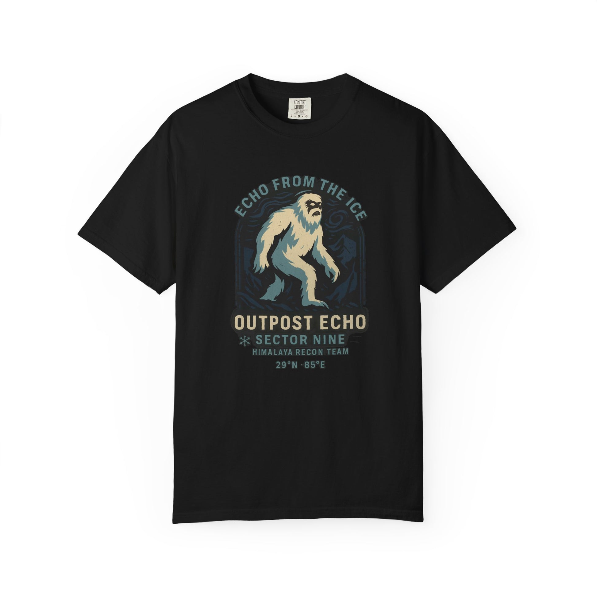 Black t-shirt with a graphic of a bear-like creature and text on a white background