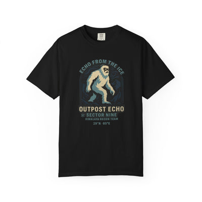 Black t-shirt with a graphic of a bear-like creature and text on a white background