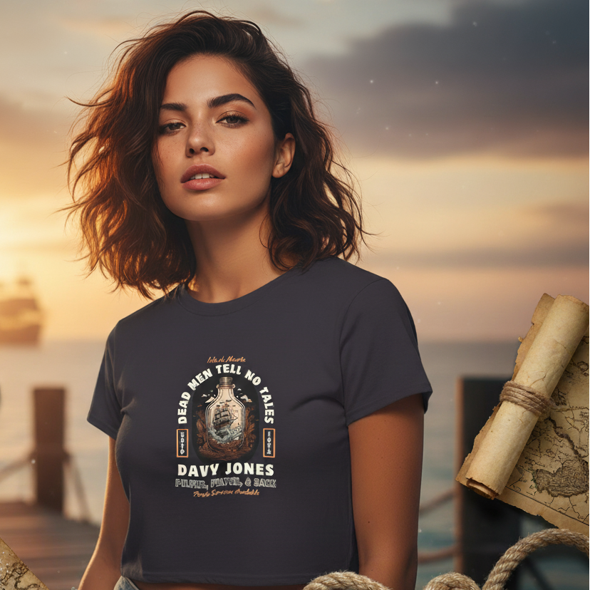 Woman wearing a t-shirt with a 'Davy Jones' design in a nautical setting.