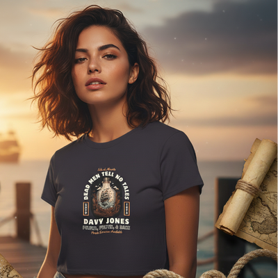 Woman wearing a t-shirt with a 'Davy Jones' design in a nautical setting.