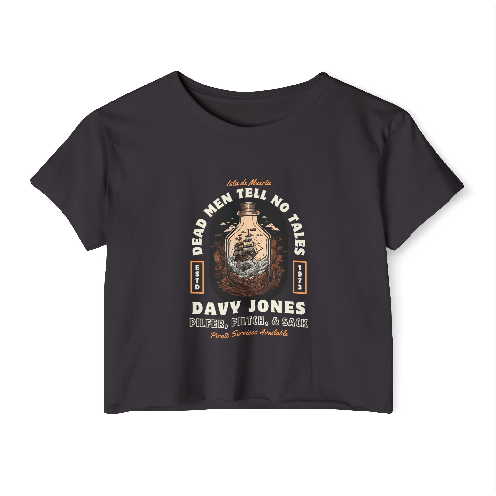 Black crop t-shirt with Davy Jones graphic design on a white background
