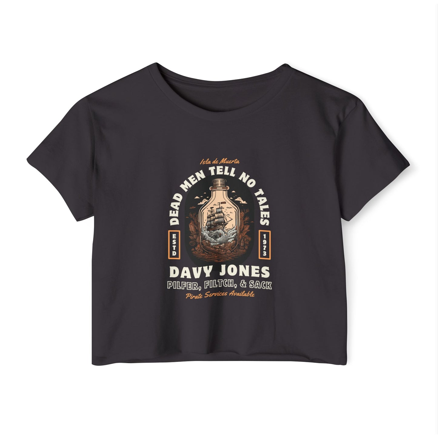 Black crop t-shirt with Davy Jones graphic design on a white background