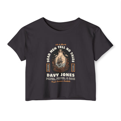 Black crop t-shirt with Davy Jones graphic design on a white background