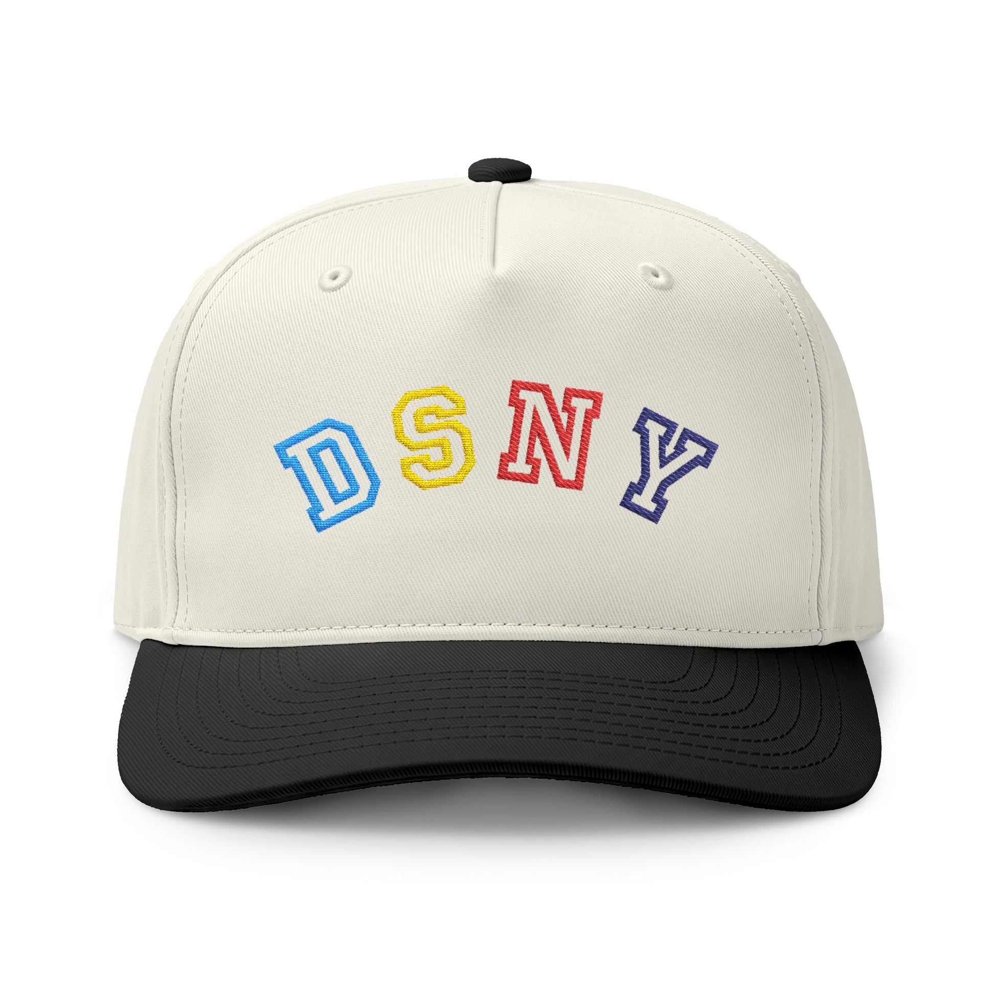 An off-white baseball cap with a black curved brim, featuring the embroidered letters 'DSNY' in blue, yellow, red, and purple on the front.