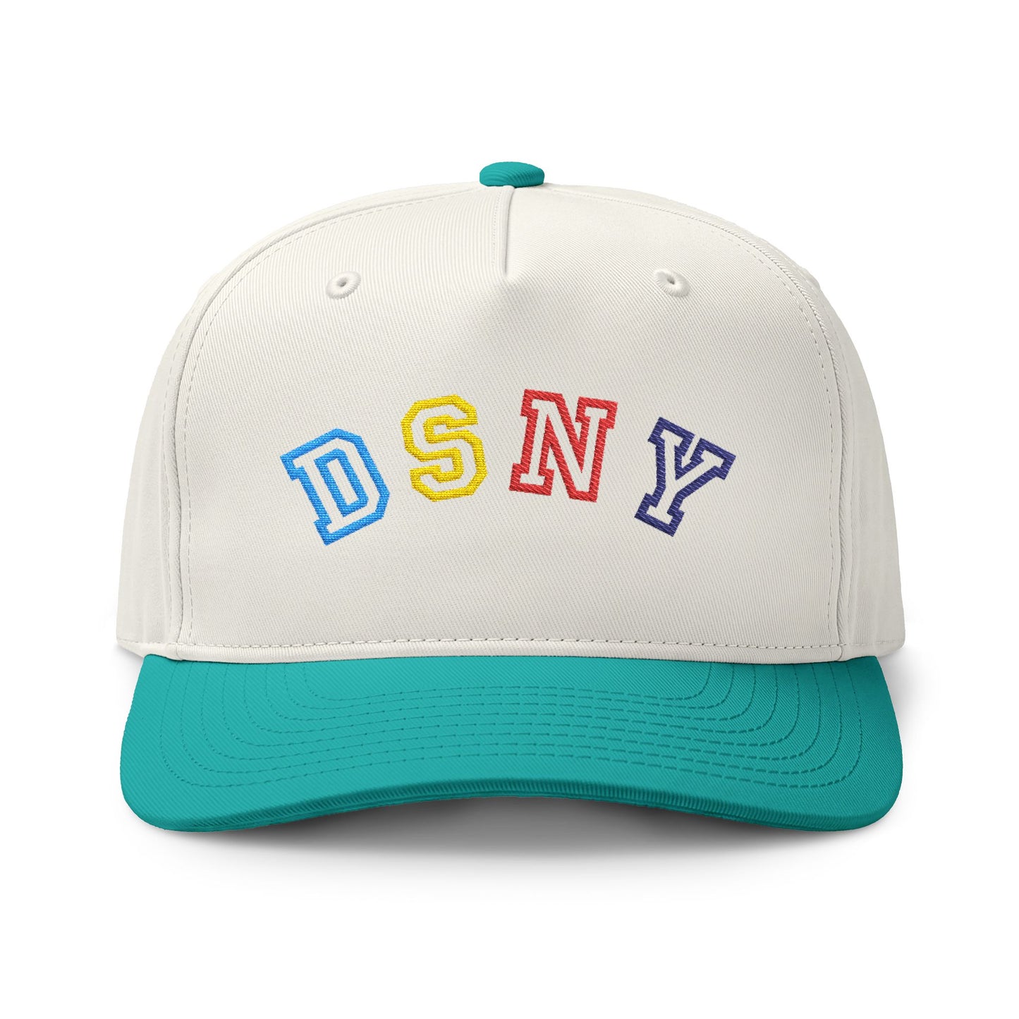 An off-white baseball cap with a teal visor and matching teal button, featuring the embroidered letters 'DSNY' in blue, yellow, red, and purple on the front.