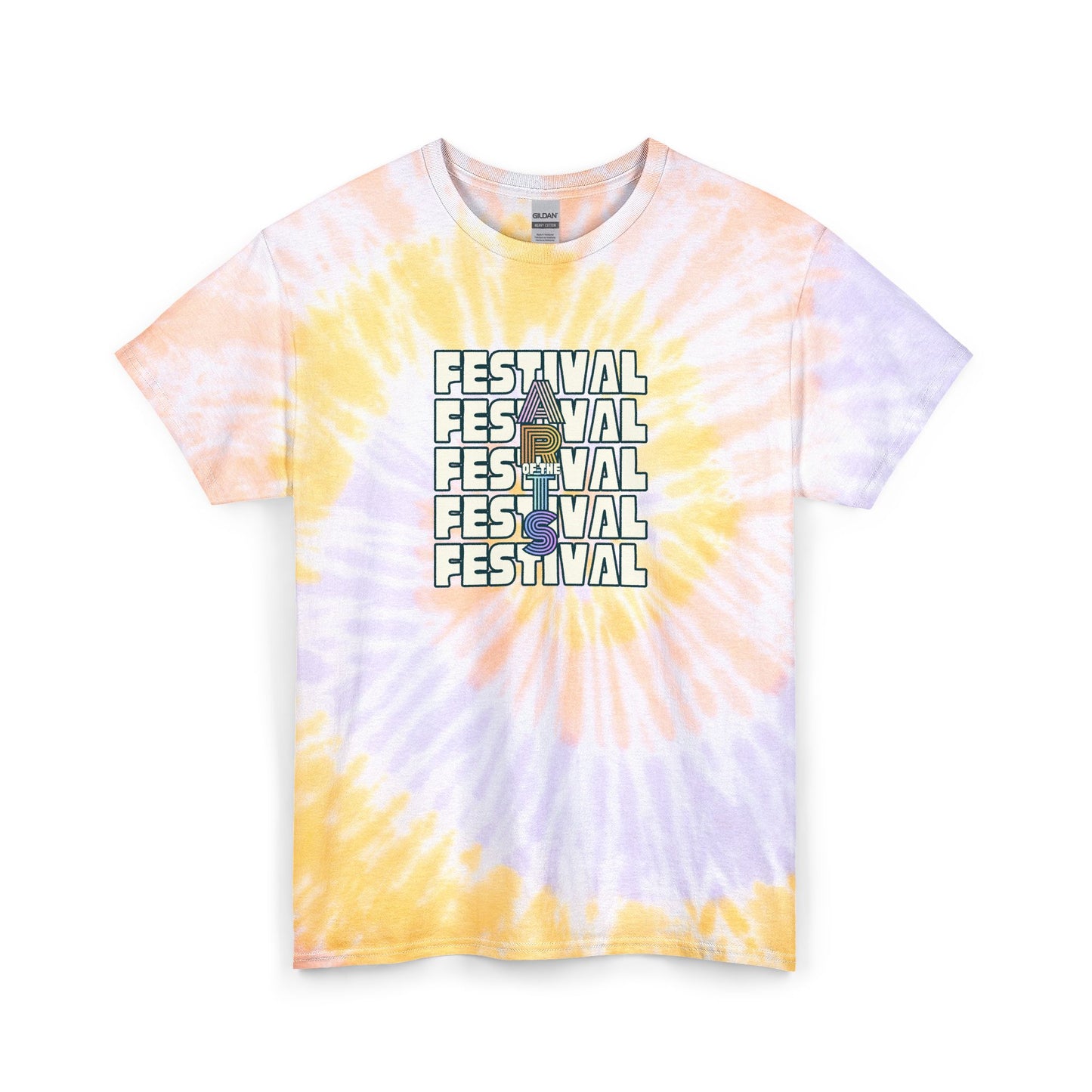 Tie-dye t-shirt with 'Festival' text and ice cream cone graphic on a white background