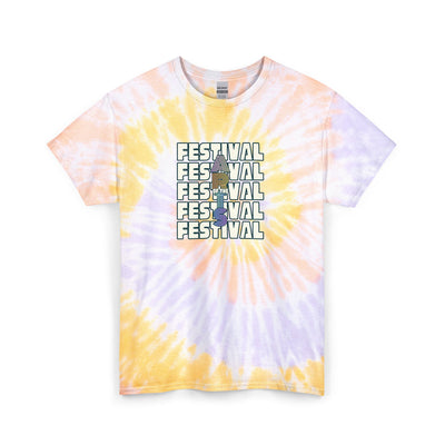 Tie-dye t-shirt with 'Festival' text and ice cream cone graphic on a white background