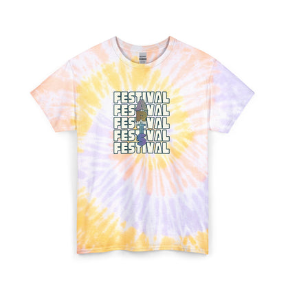 Tie-dye t-shirt with 'Festival' text and ice cream cone graphic on a white background