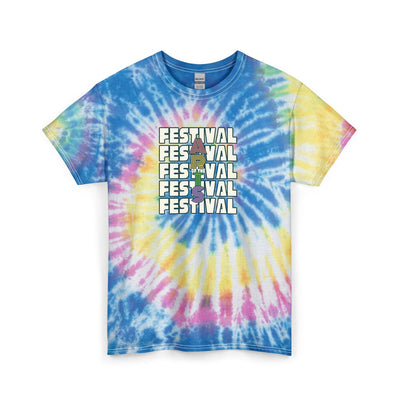 Tie-dye t-shirt with 'Festival' text on a white background