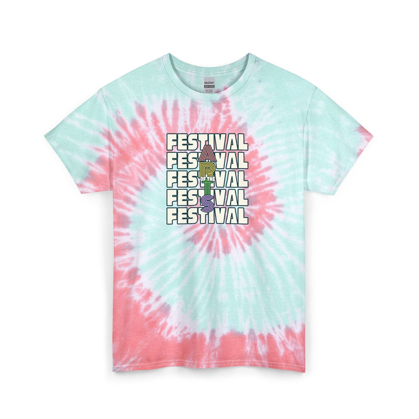 Tie-dye t-shirt with 'Festival' text and ice cream graphic on a white background