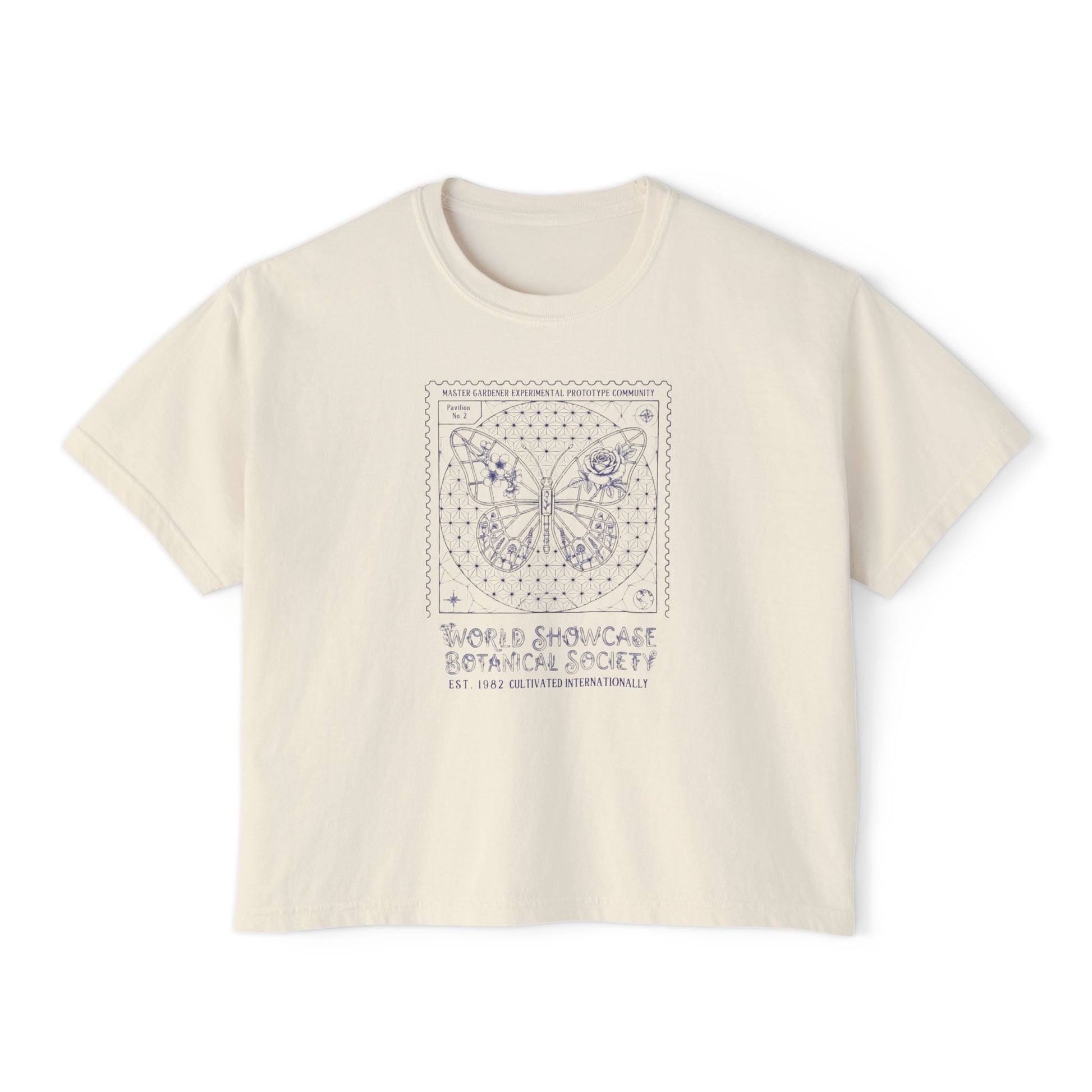 Beige t-shirt with butterfly design and text on a white background