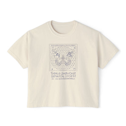 Beige t-shirt with butterfly design and text on a white background