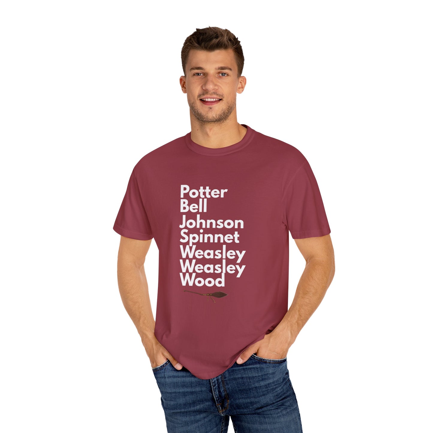 Man wearing a maroon t-shirt with text on a white background