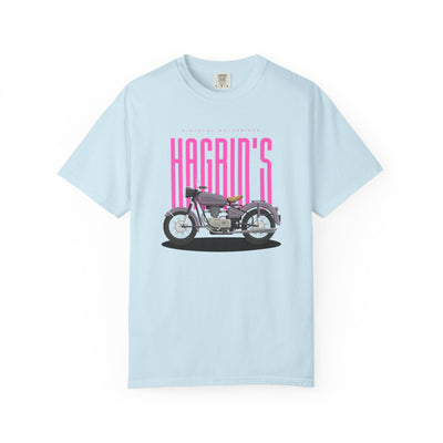 Light blue t-shirt with a motorcycle graphic and Hagrid's  text on a white background