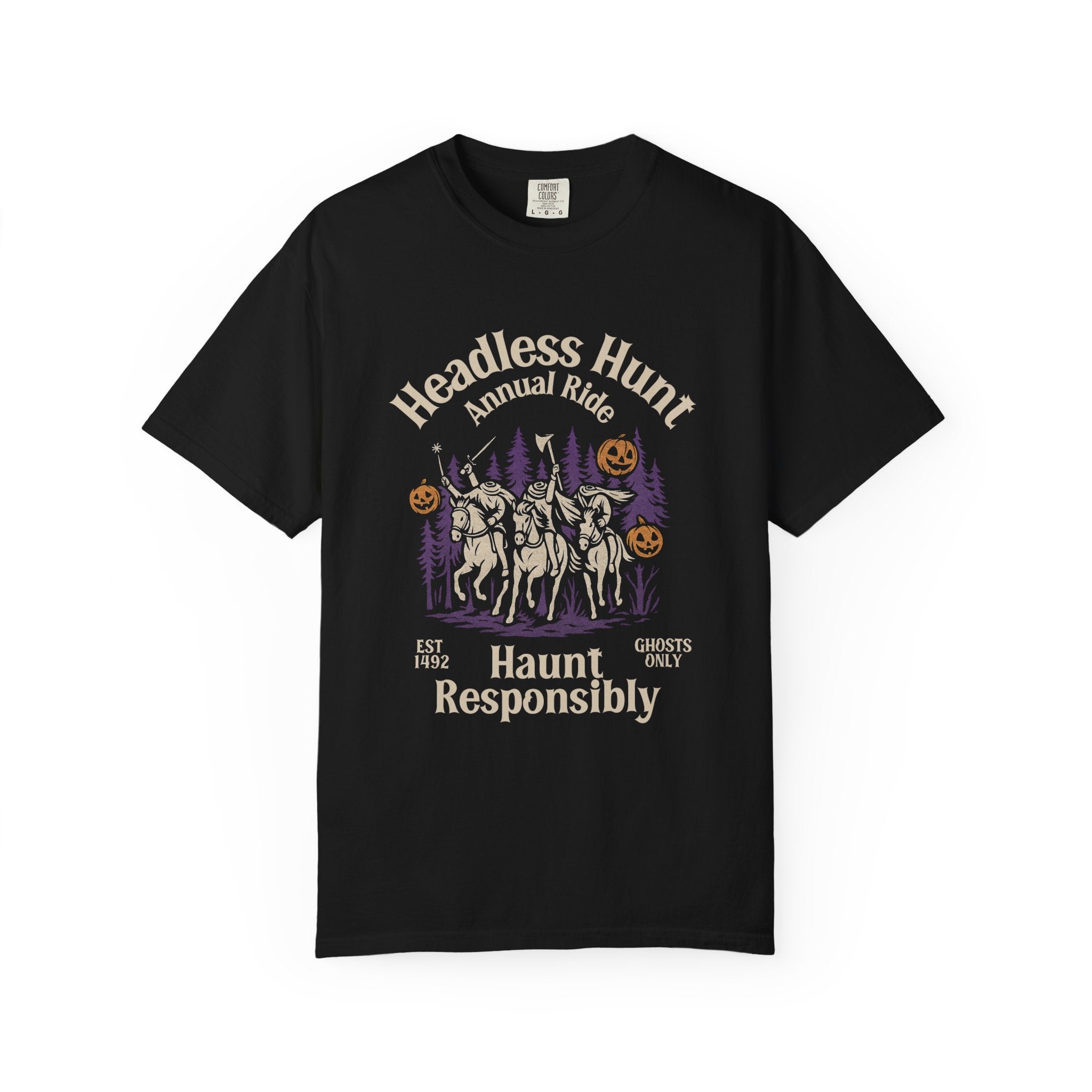 Black t-shirt with Halloween-themed graphic and text on a white background