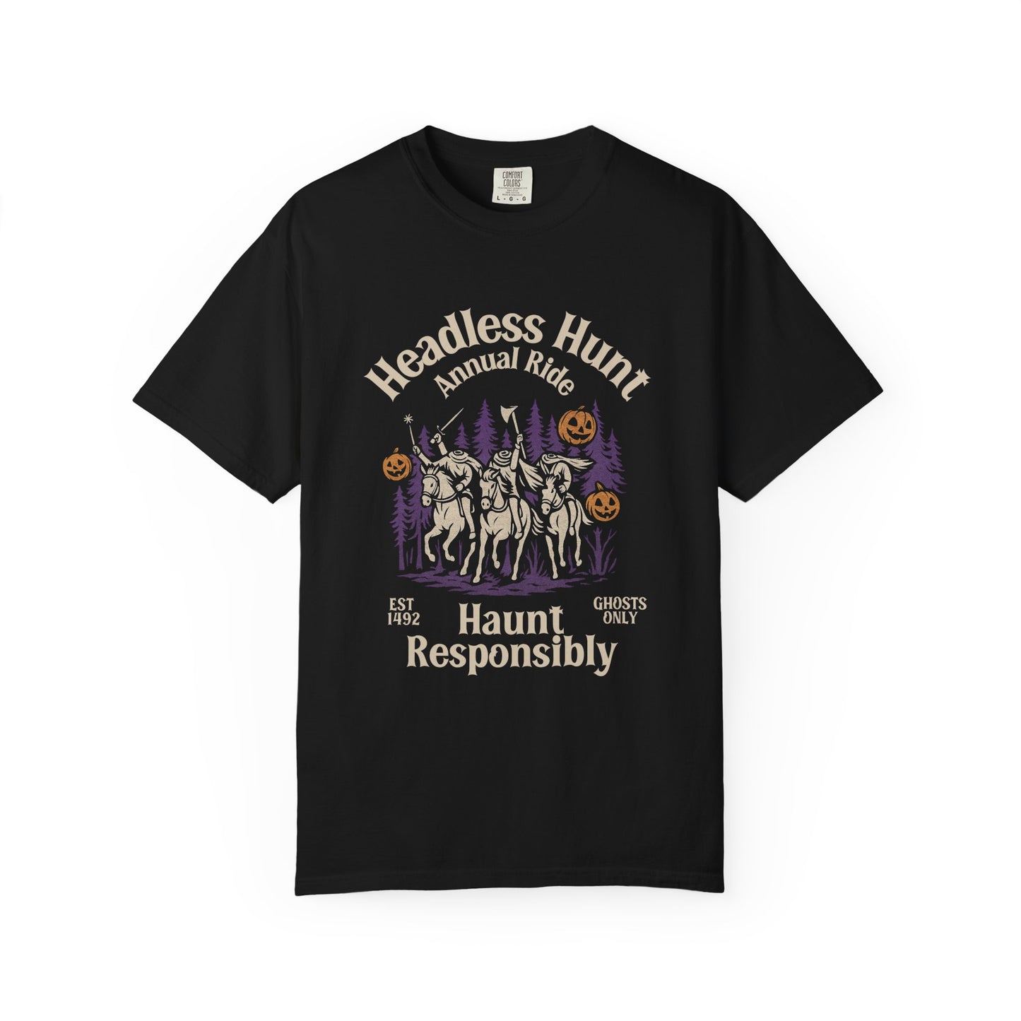 Black t-shirt with Halloween-themed graphic and text on a white background