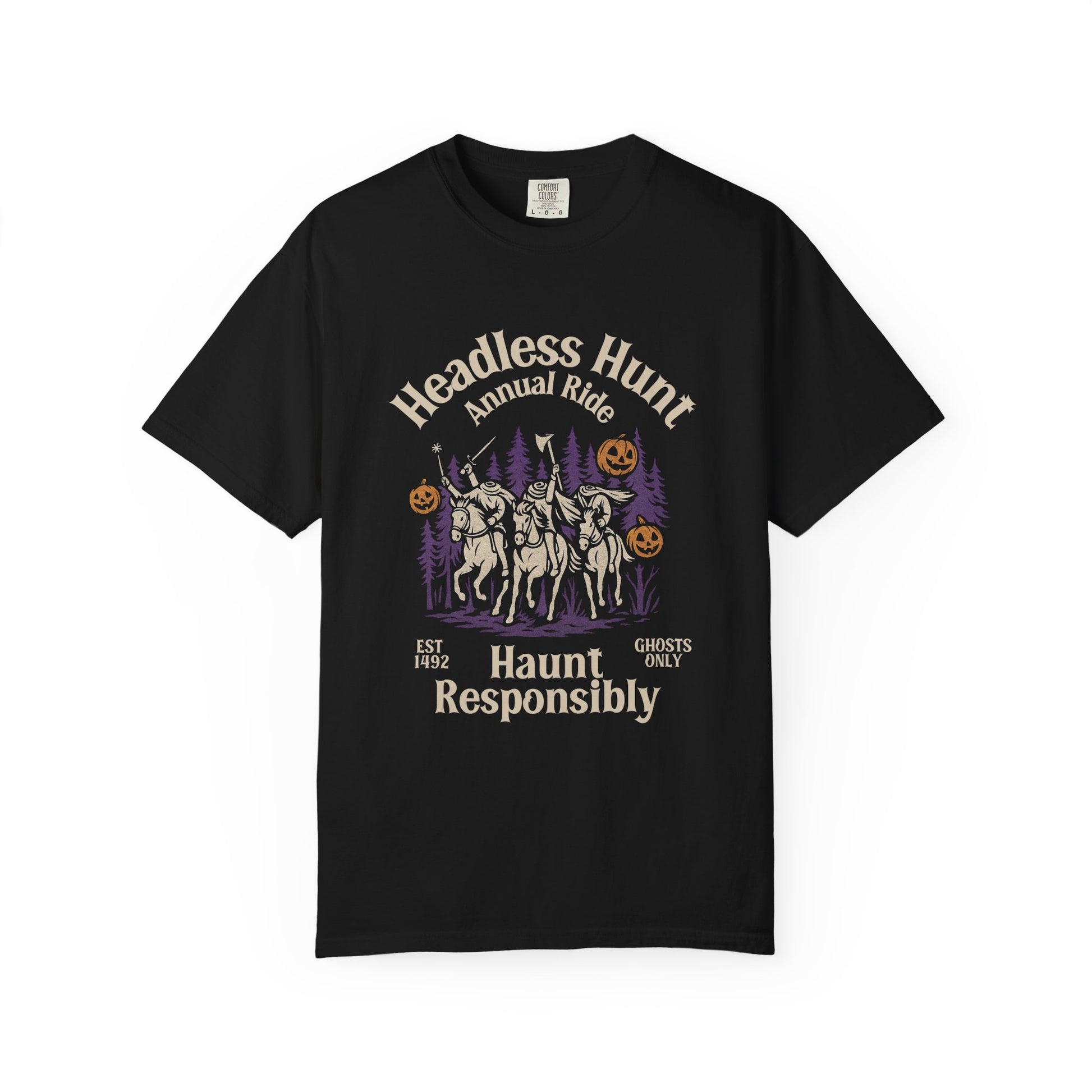 Black t-shirt with Halloween-themed graphic and text on a white background