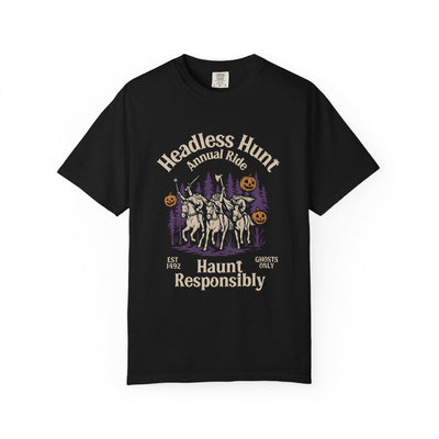 Black t-shirt with Halloween-themed graphic and text on a white background