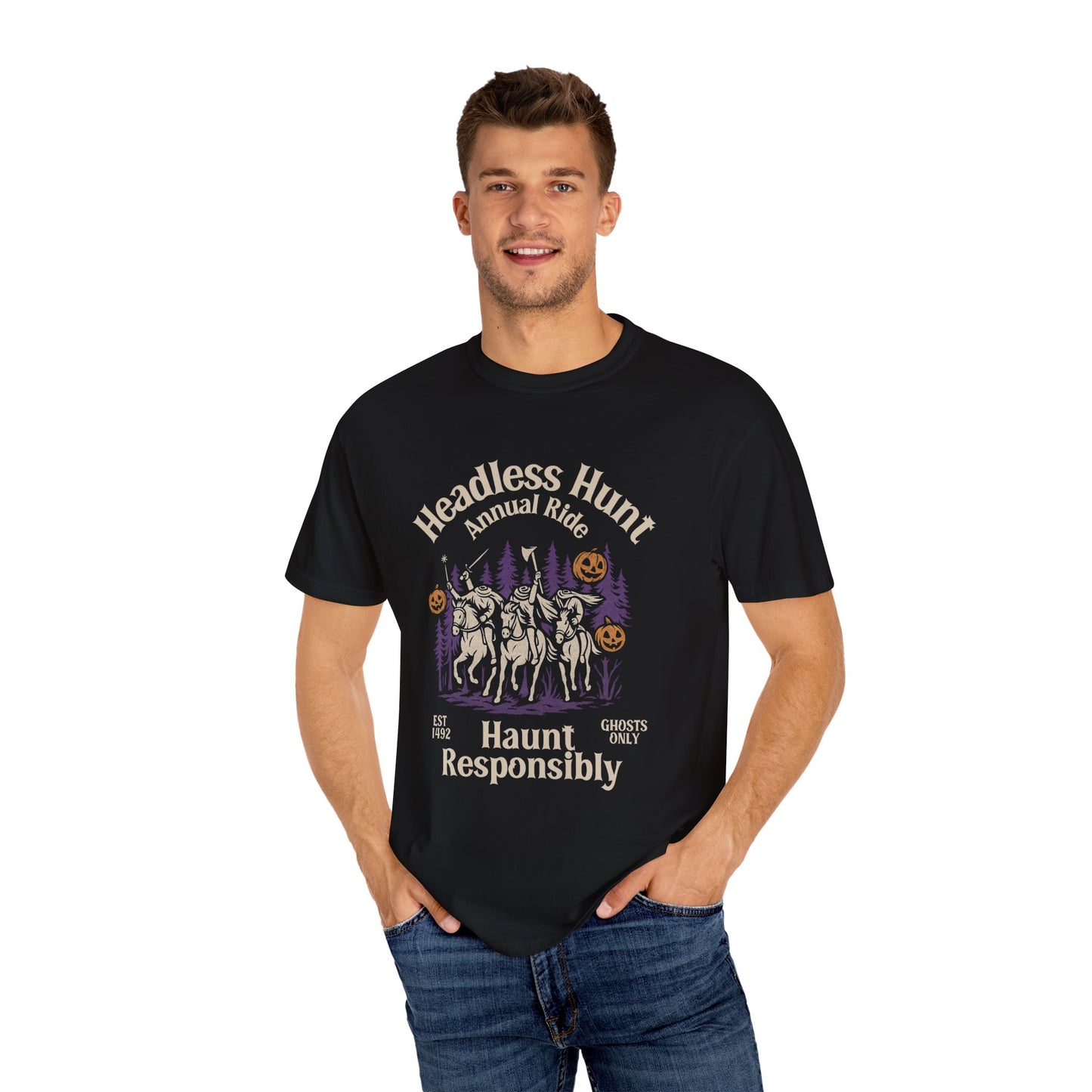 Man wearing a black t-shirt with Halloween-themed graphic and text.