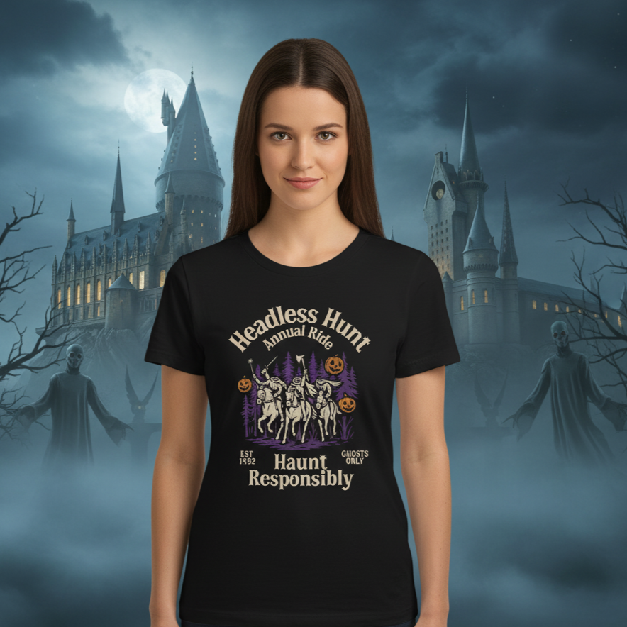 Person wearing a black t-shirt with a Halloween-themed design in front of a spooky castle background.