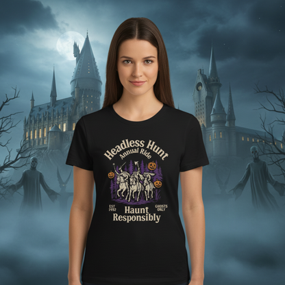 Person wearing a black t-shirt with a Halloween-themed design in front of a spooky castle background.