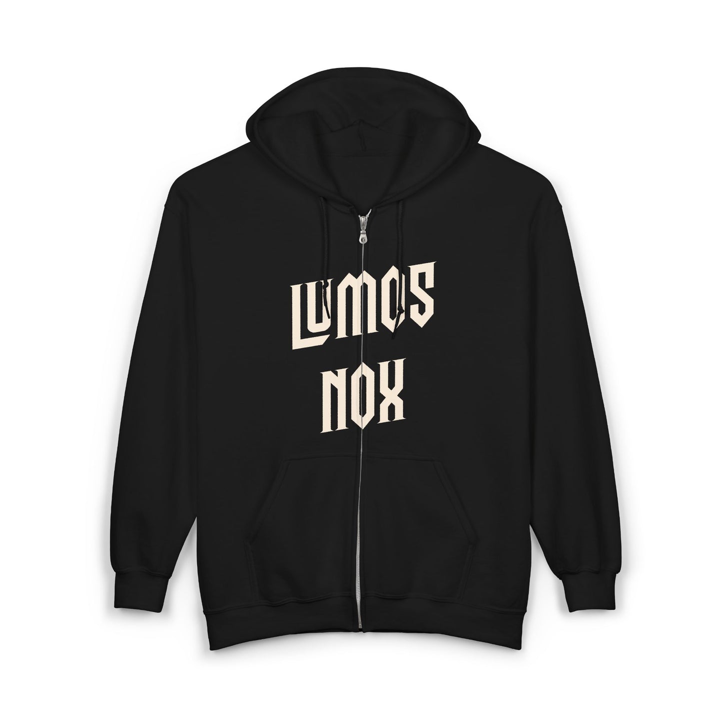 Black hoodie with 'LUMOS NOX' text on a white background