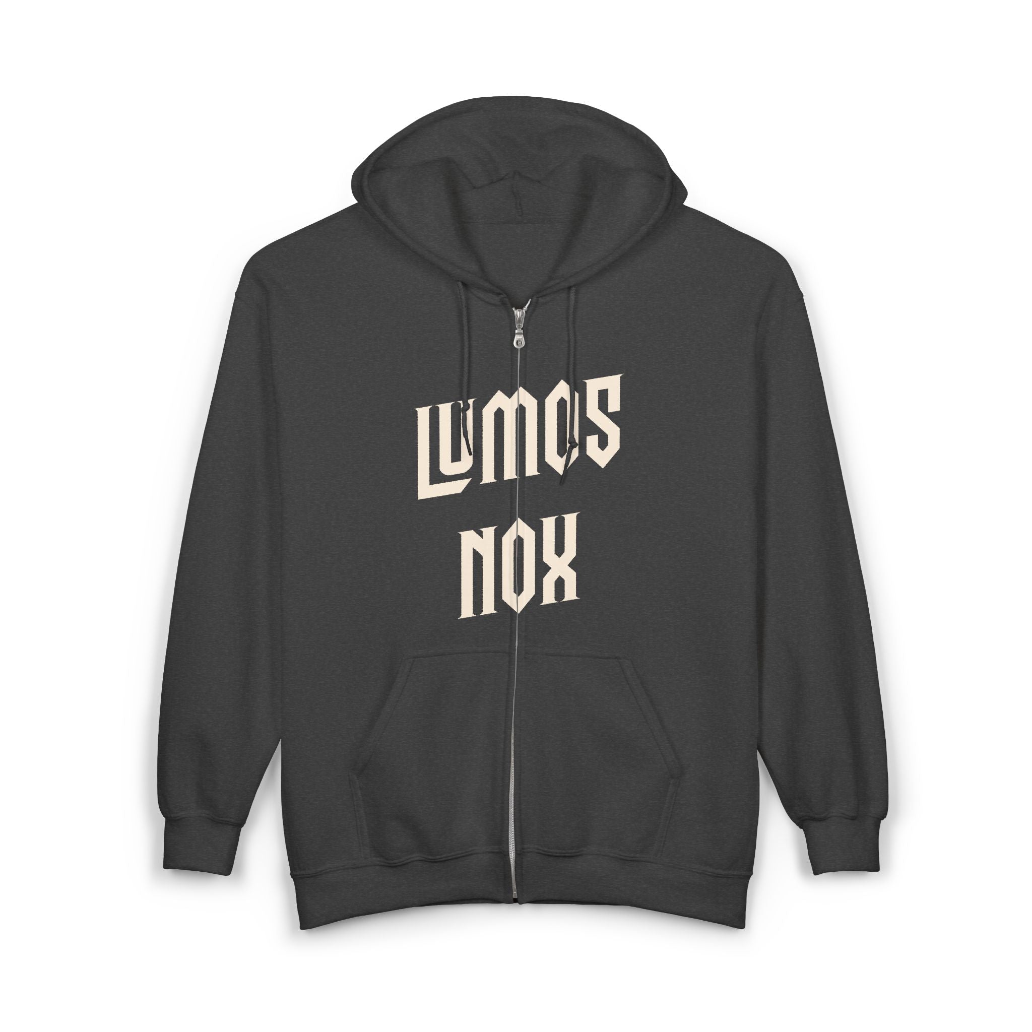 Grey hoodie with 'LUMOS NOX' text on a white background