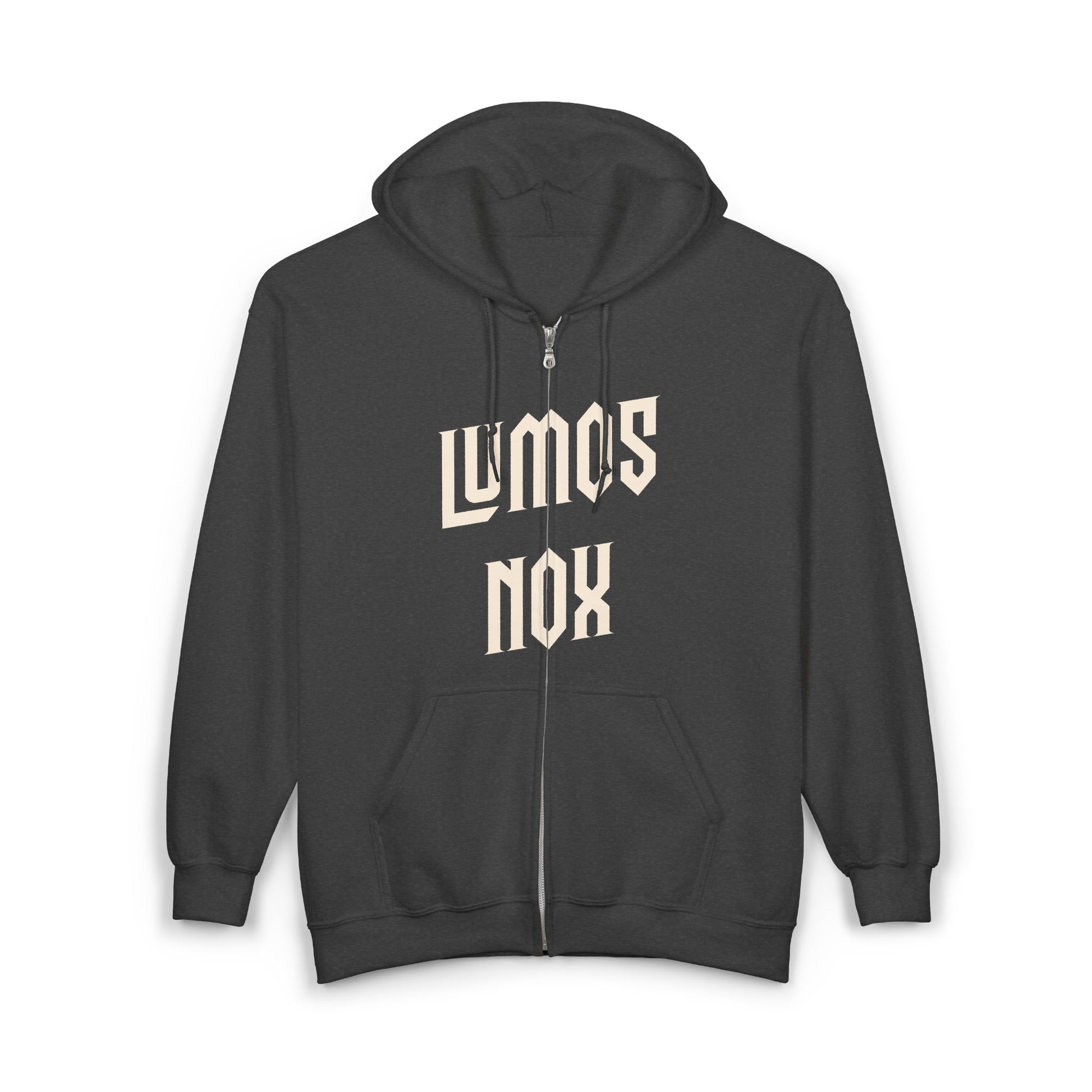 Grey hoodie with 'LUMOS NOX' text on a white background