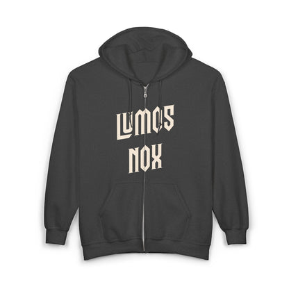Grey hoodie with 'LUMOS NOX' text on a white background