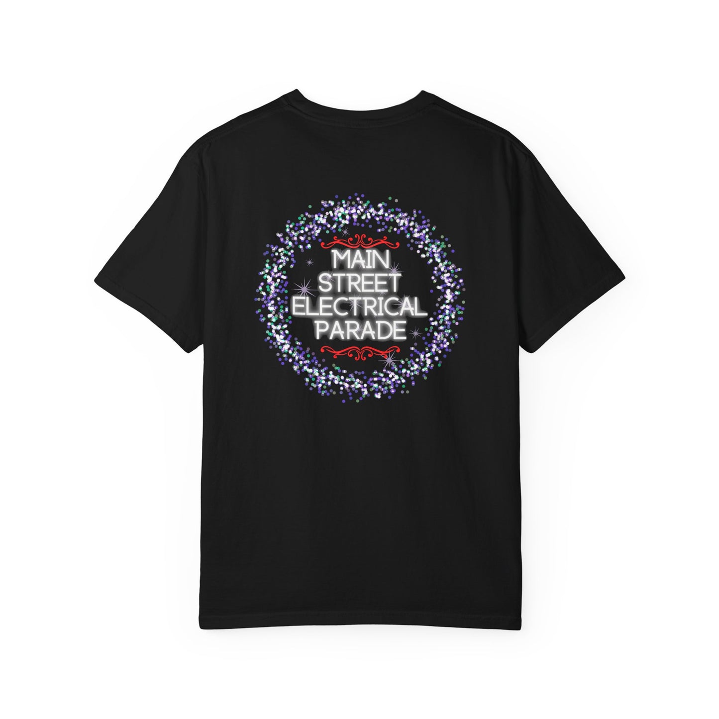 Black t-shirt with 'Main Street Electrical Parade' design on a white background
