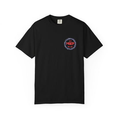 Black t-shirt with a colorful logo on a white background